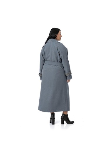 Büyük Beden Deri Biye Detaylı Fleto Cepli Kuşaklı Astarlı Kaşe Uzun Mavi Kaban Mavi