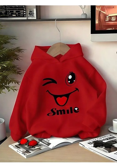 Kışlık Kapüşonlu Sweatshirt, Çocuk Smile Dil Çıkaran Gülen Yüz Baskılı Kırmızı
