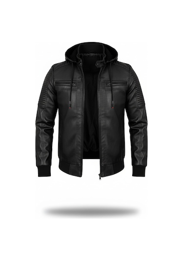 Erkek Siyah Dar Kesim Kapüşonlu Bel Lastikli Ribanalı Deri Ceket & Mont Siyah Erkek Siyah Dar Kesim Kapüşonlu Bel Lastikli Ribanalı Deri Ceket & Mont Siyah