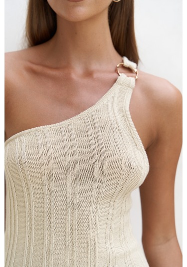 Endah Halka Detaylı Asimetrik Bej Uzun Triko Elbise Bej