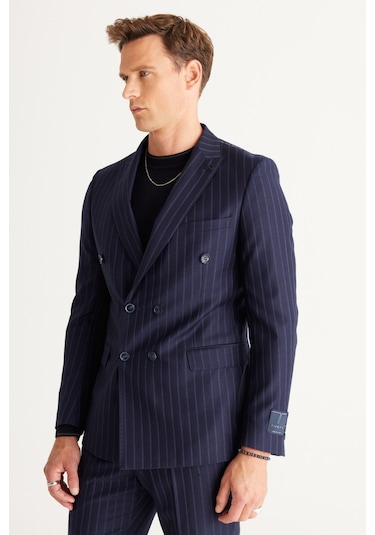 Ac&Co / Altınyıldız Classics Erkek Lacı Slim Fit Dar Kesim Kırlangıç Yaka %100 Yün Çizgili Takım Elbise Lacı Lacivert
