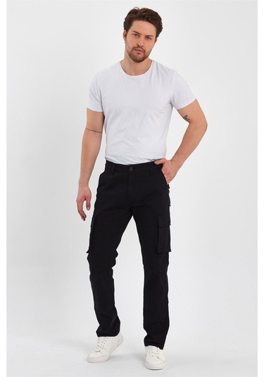 Erkek Likralı Kargo Pantolon Siyah-siyah Siyah