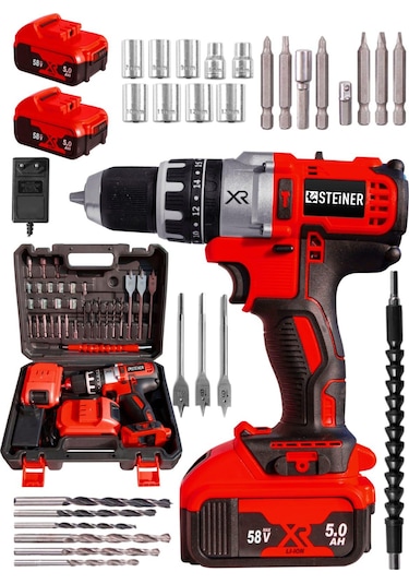 Steiner XR 58 V 5 Ah Darbeli Li-ion Çift Akülü Şarjlı Vidalama Matkap  + 30 Parça Pro Usta Seti