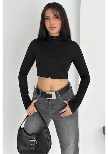 Kadın Fermuarlı Crop Ceket Dinamik & Modern Stil Siyah
