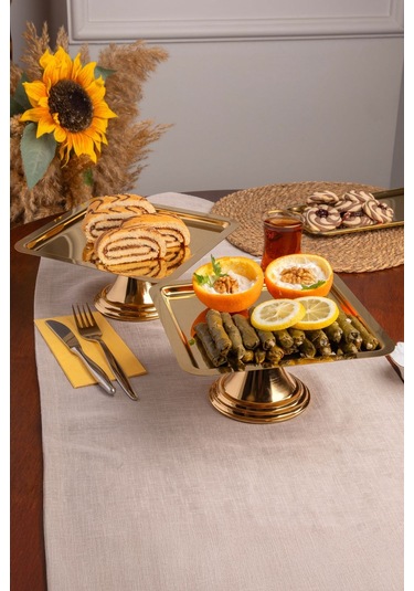 2'li Gold Kare, Ayaklı Şık Kek, Pasta, Kurabiye Ve Tatlı Servis Sunum Standı Gold
