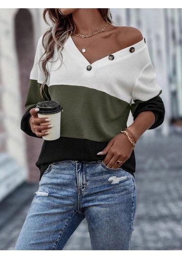 Kadın Uzun Kollu V Yakalı Düğmeli Çok Renkli Waffle Bluz Beyaz
