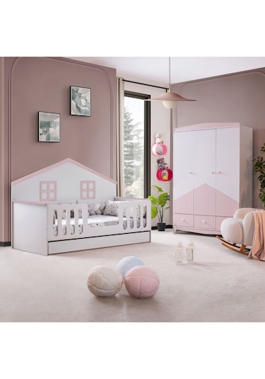 Bello Çocuk Odası Takımı, Bello Yavrulu Karyola, Fethiye 3 Kapaklı Dolap - Pembe Renkli