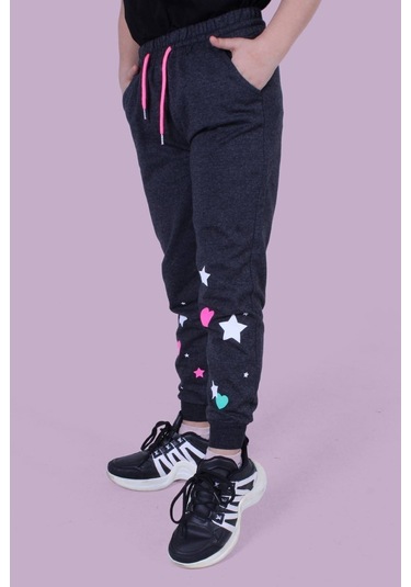 Kalp Ve Yıldız Desen Detaylı Kız Çocuk Antrasit Eşofman Altı Antrasit