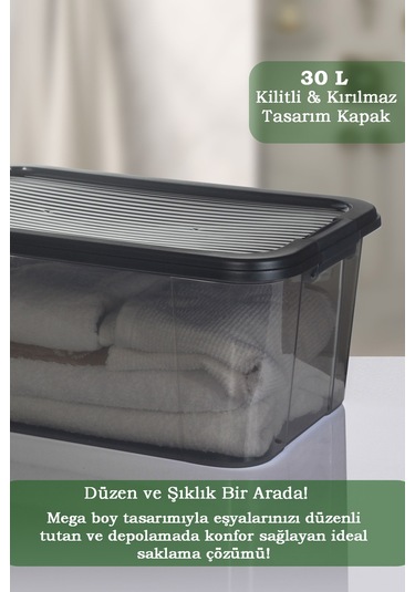 30 Lt Multibox Saklama Kabı - Kilitli Kapaklı Çok Amaçlı Düzenleyici Kiler Depolama Saklama Kutusu Siyah