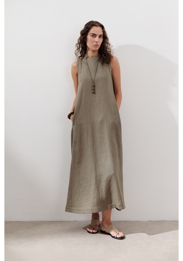 Keten Büzgülü Geniş Elbise Haki Haki