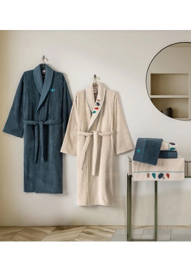 Cotton Box Puff Nakışlı Gaja Bej-petrol Aile Bornoz Takımı Çok Renkli