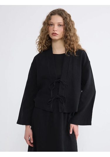 Lc Waikiki Siyah Şal Yaka Oversize Kadın Kimono