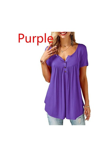 Mor Bayan O Boyun Düğmesi Gevşek Elastik Bayanlar Kısa Kollu Tunik Gömlek Kadın Rahat Bluzlar Tops Mor