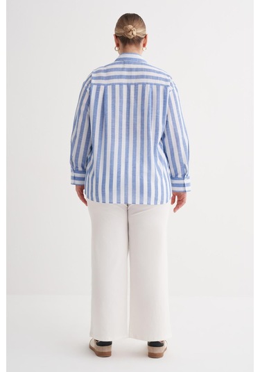 V Yaka Çizgili Gömlek-6241 Mavi