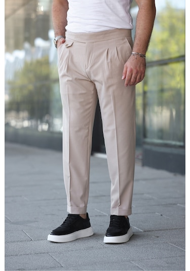 Kuşaklı Pileli Kemer Detaylı Old Money Kumaş Pantolon Krem