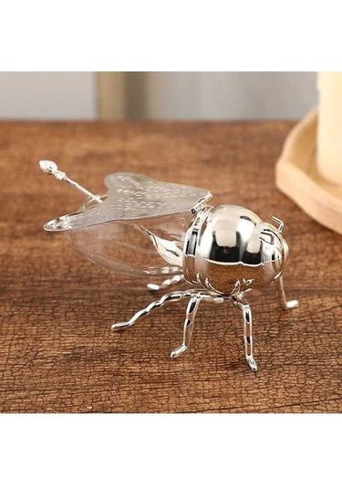 Pazly Altın Kaplı Gümüş Lüks Arı Bal Kavanozu - Şeffaf Cam Kavanoz - Mutfak Dekorasyonu İçin Bal, Baharat Saklama Kavanozu - Bal Kaşığı İle Gümüş