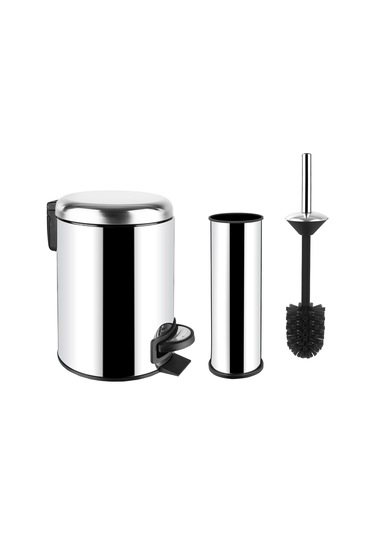 SİLİWAX Elit Ikili Banyo Seti Paslanmaz 3lt Çöp Kovası + Tuvalet Fırçası Krom