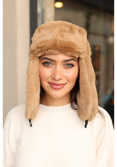Çıtçıtlı Kürklü Kulaklıklı Peluş Bere Şapka Rkş-03 Camel Camel