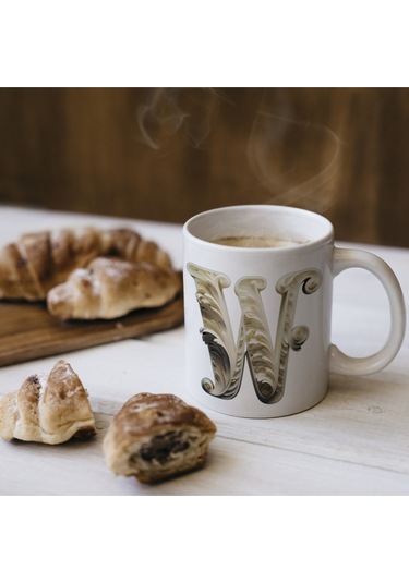 W Harfi Bardak, Monogram 330 Ml Barok Oymalı Görünüm Beyaz