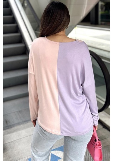 Kadın Color Block Uzun Kol V Yaka Rahat Bluz 3587200 Lila