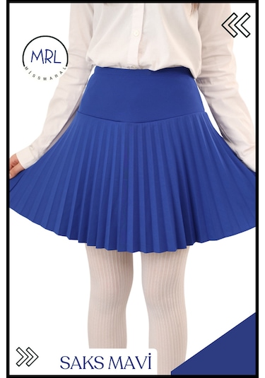 Kız Çocuk Mavi Pileli Etek Yüksek Bel Içi Şortlu Dalgıç Kumaş Okul-oyun-spor- Etkinlik 4103 Mavi