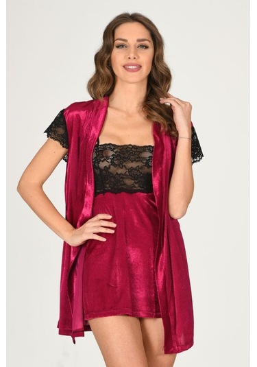 Sistina Bayan Dantelli Fuşya Kadife Sabahlık Gecelik Takımı 1427 Fuşya