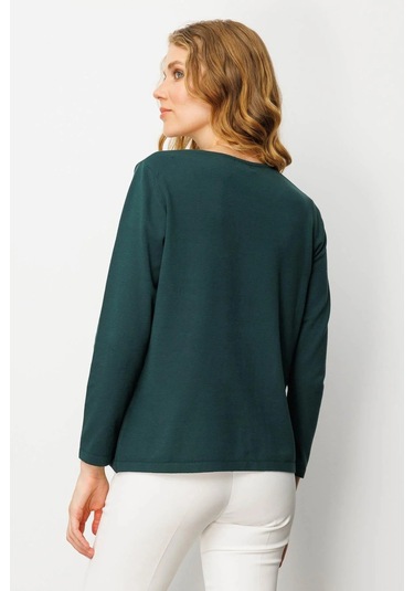 Desen Triko Kadın Sıfır Yaka Önü Pileli Boncuklu Ligralı Bluz 25095 Yeşil Yeşil