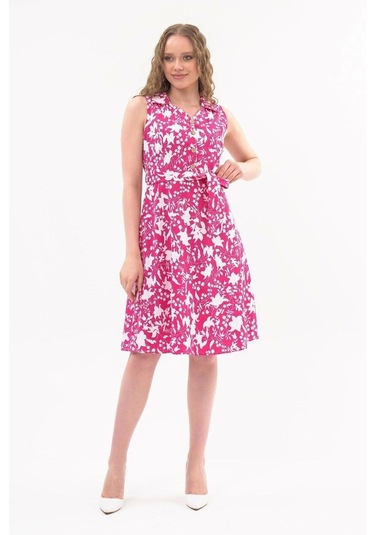 Apsen Kadın Fuşya Düğme Detaylı V Yaka Cotton Elbise4405-105 Fuşya
