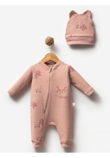 Kız Bebek Desenli Şapkalı Tulum-15304 Pudra