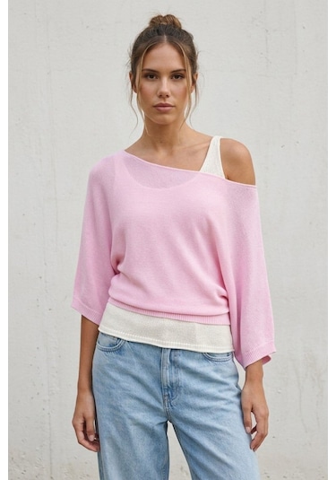 Madmext Pembe Geniş Yaka Çift Katlı Triko Kazak Mg2780