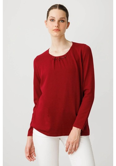 Desen Triko Kadın Sıfır Yaka Dantel Çiçek İşlemeli Ligralı Bluz 25093 Vişne Çürüğü Vişne Çürüğü