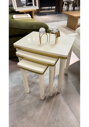 3lü Bohem Zigon Sehpa Gold Altın - Krem