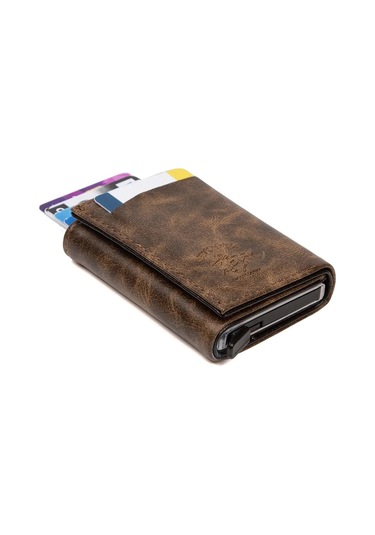 Tuldar Erkek Rfıd Otomatik Çekim Koruyucu Mekanizmalı Kağıt Para Bölmeli Hediyelik Kartlık Cüzdan Tul601 - Koyu Kahverengi