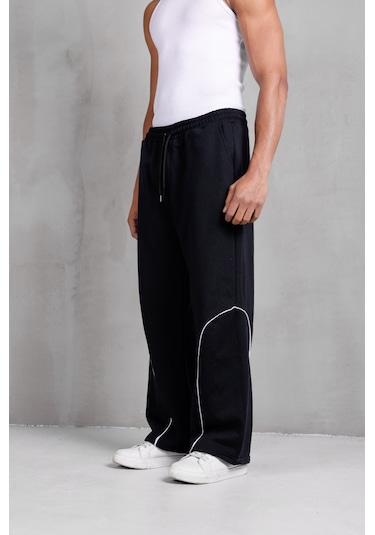 Dark Moda Erkek Oval Şeritli Baggy Eşofman Siyah