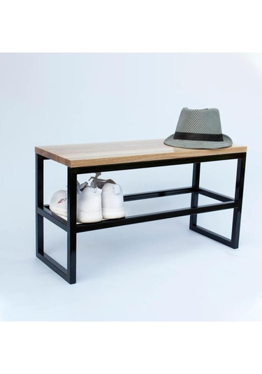 Elona Doğal Ahşap Metal Ayakkabı Rafı Siyah