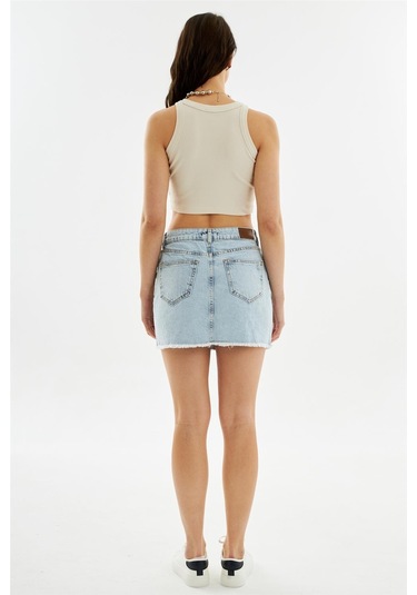 Kadın Pileli Yırtmaçlı Yüksek Bel Mini Kot Etek Açık Mavi-açık Mavi Açık Mavi