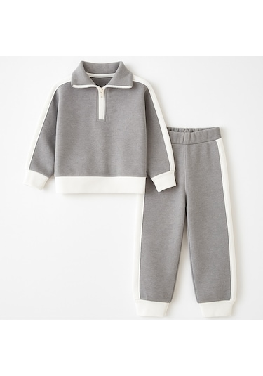 Kız Çocuk 3 İplik Şardonlu Beyaz Şeritli Alt Üst Takım Yaka Yarım Fermuarlı Gri