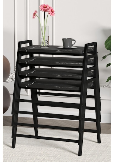 Zigon Sehpa , Aden 4'lü Tepsi Zigon Sehpa Takımı Siyah Metal - Siyah Mermer Tabla Siyah-siyah Mermer