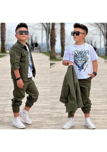 Modavals Gabardin Gömlek Kargo Cep Pantolon Ve Kaplan Baskılı Tshırt 3 Parça Erkek Çocuk Takım Haki