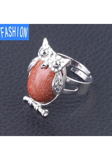 Kahverengi Kum Metal Baykuş Dışbükey Doğal Kristal Kakma Ayarlanabilir Yüzük Çok Renkli