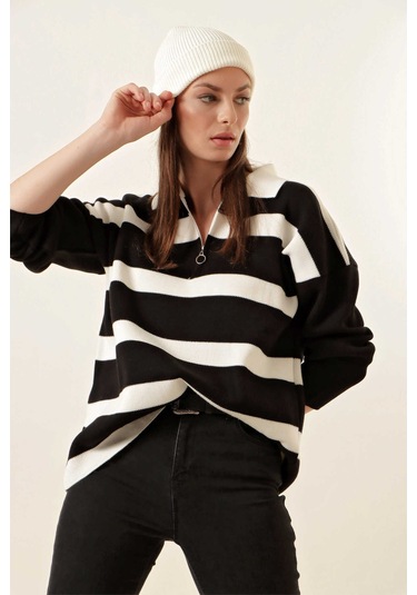 Gabria Fermuarlı Çizgili Kazak Siyah