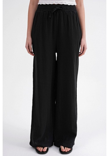 4286 Kadın Bol Paça Beli Lastikli Müslin Palazzo Pantolon Siyah Siyah