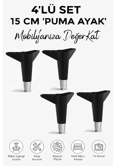 Puma 15 Cm 4 Adet Siyah -krom Mobilya Kanepe Tv Ünitesi Kosol Dolap Komidin Ayağı Siyah