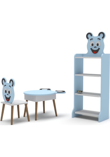 Çocuk Mobilya Seti Happy Face Masa - Sandalye ve 4 Raflı Kitaplık Sevimli Figürlü Mavi