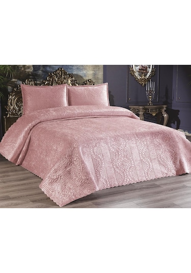 Velica Çift Kişilik Kadife Yatak Örtüsü Pudra