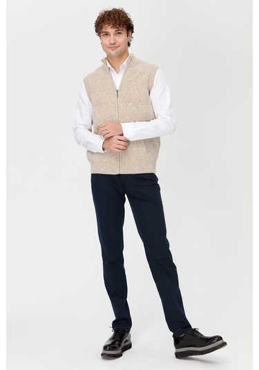 Erkek Dik Yaka Baklava Desenli Yün Yelek V.bej V.bej