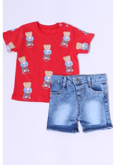 Erkek Bebek Şortlu Takım Kot Şortlu Çıtçıt Detaylı Baskılı B26 Kırmızı