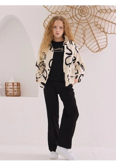 Kız Çocuk Desenli Kot Ceket İçi Tshirt Takım-15505 Krem