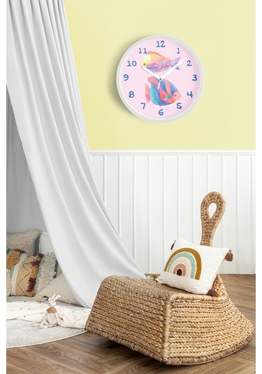 Renkli Balıklar Modern Duvar Saati - Çocuk Odası Duvar Saati - 25cm - Önü Camlı Beyaz Kasa-jh0988 Beyaz