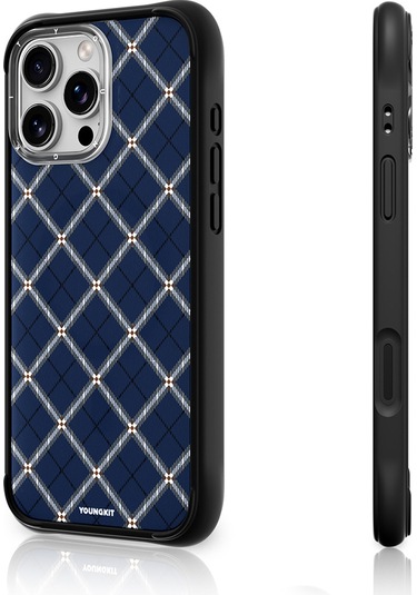 İphone 16 Pro Uyumlu Kılıf M-safe Şarj Özellikli Youngkit Argyle Serisi Kapak Mavi
